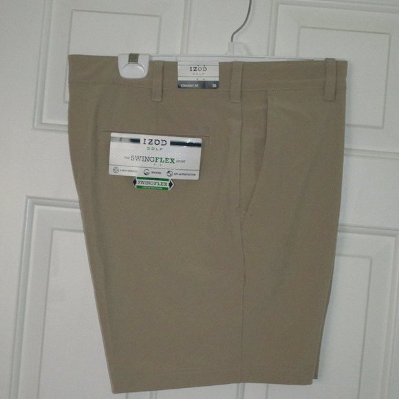 IZOD Swingflex Mens Flat Front Camel Beige Stretch Golf Short Pant NWT-Size 36W - Picture 1 of 5